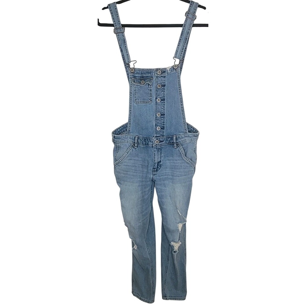 Hollister Women's Boyfriend Denim Overalls Cropped Distressed Button Pockets S